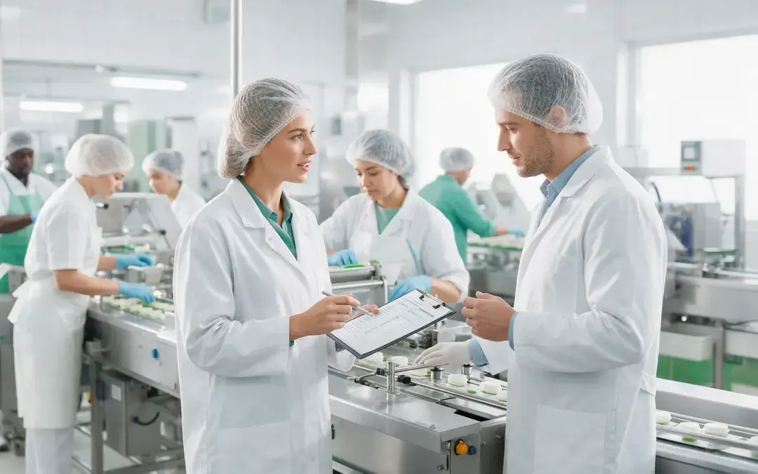 Supervisora e colega revisam uma prancheta numa linha de produção