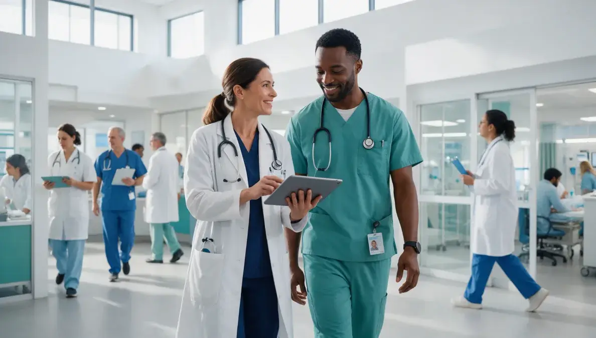 Médica e enfermeiro consultam um tablet no corredor de um hospital