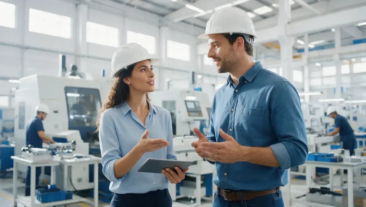 Gestora com tablet e colega de capacete conversam numa fábrica