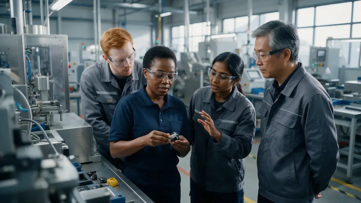Equipe de uniforme e óculos de proteção analisa uma peça ao lado de uma máquina na fábrica