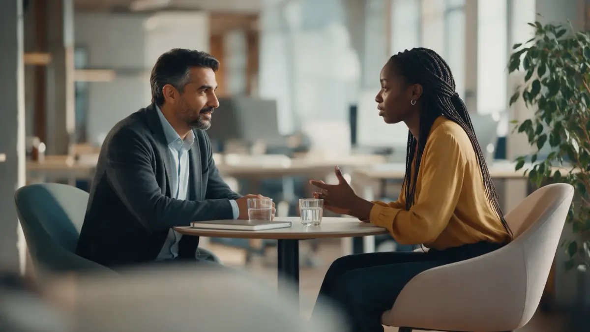 Recrutador conversa com uma candidata durante uma entrevista